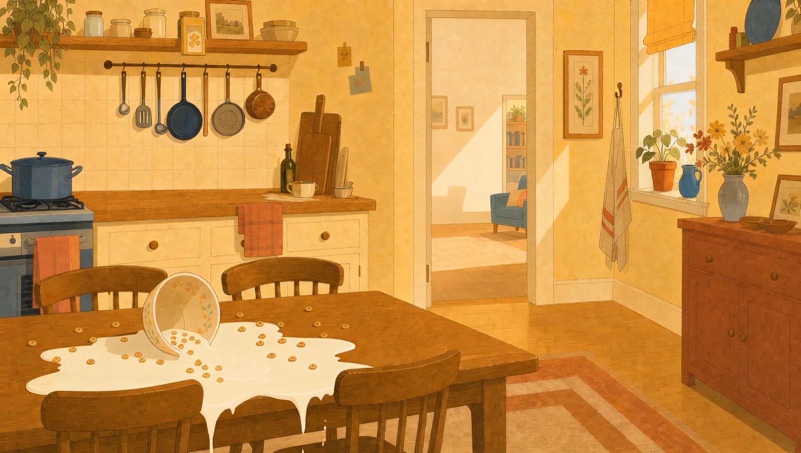 A kitchen table with a knocked-over bowl of cereal, from the short film Papa Home