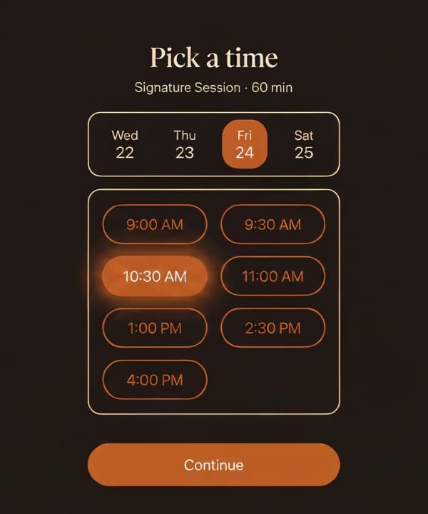 Zeitlup's booking screen: pick a day and a time